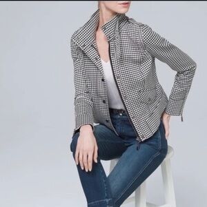 White House Black Market Jacket Womens Size 8P Gingham Moto Military Black White